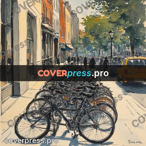 Sketch illustration: rows of bicycles by a kerb