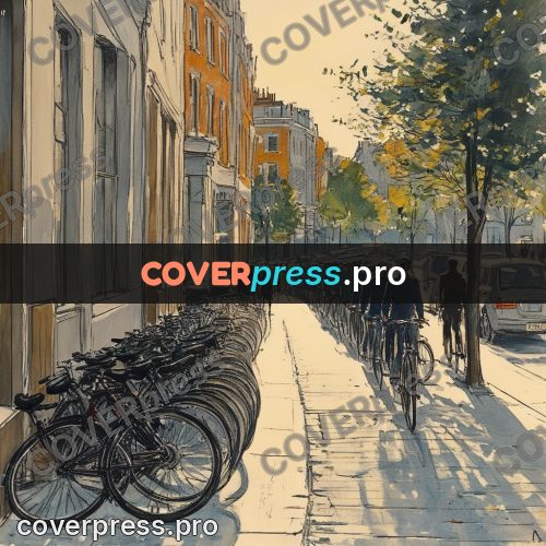 Sketch illustration: rows of bicycles by a kerb