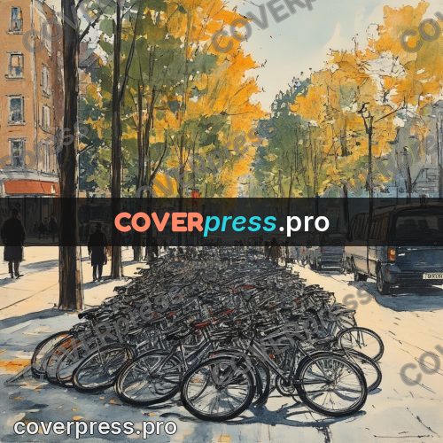 Sketch illustration: rows of bicycles by a kerb
