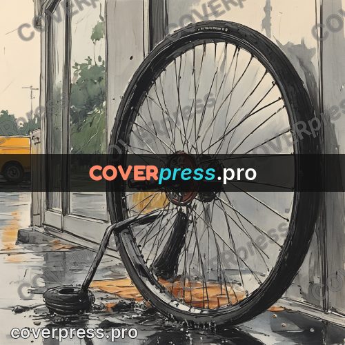 Sketch illustration: bicycle wheel by a wall