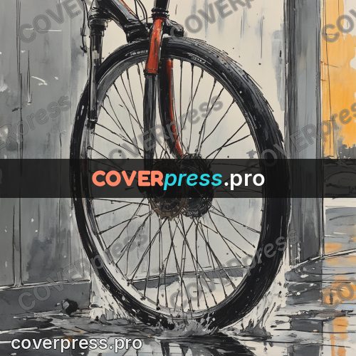 Sketch illustration: bicycle wheel by a wall