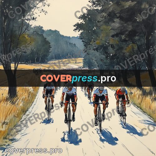 Sketch illustration: cyclists on a tree-lined road