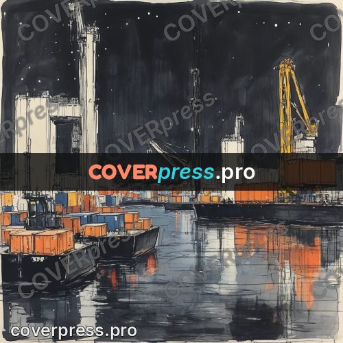 Sketch illustration: port with containers at night