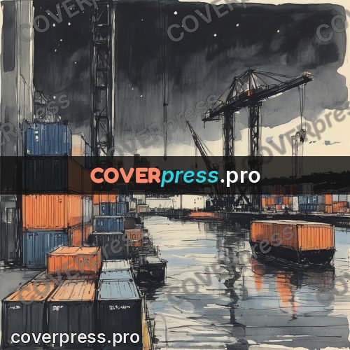 Sketch illustration: port with containers at night