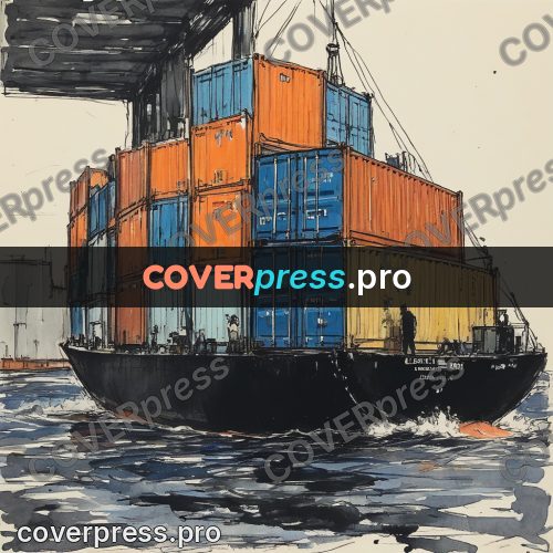 Sketch illustration: container ship on the water