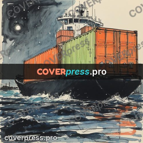 Sketch illustration: container ship on the water
