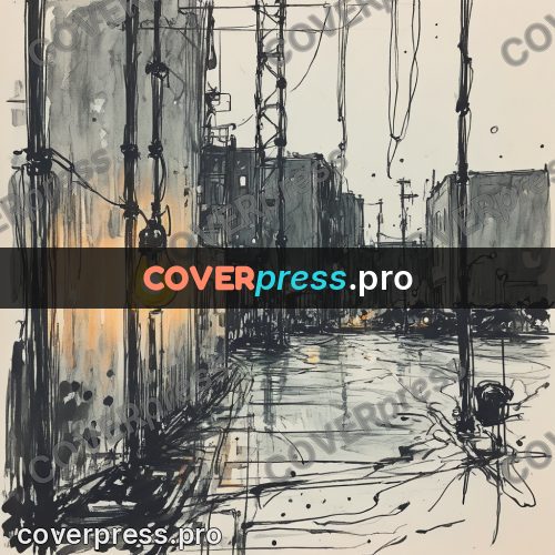 Sketch illustration: lamp above a wet street