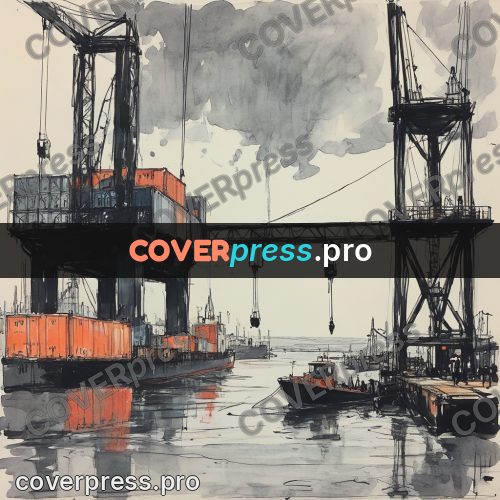 Sketch illustration: cranes above a port quay