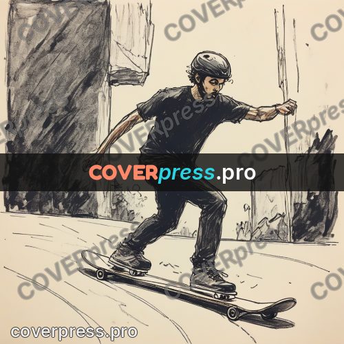 Sketch illustration: skateboarder riding along a wall