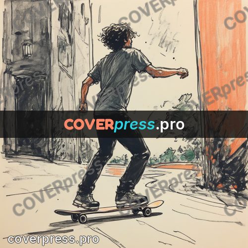 Sketch illustration: skateboarder riding along a wall