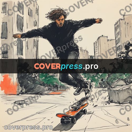 Sketch illustration: skateboarder jumping with a board