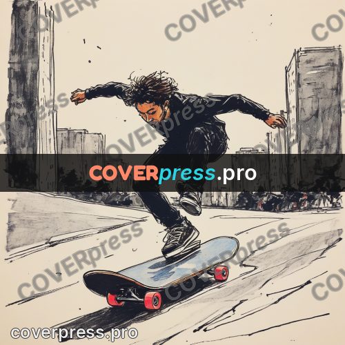 Sketch illustration: skateboarder jumping with a board