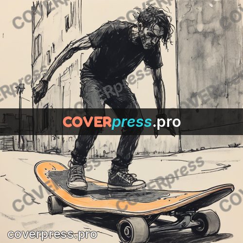 Sketch illustration: skateboarder next to a board