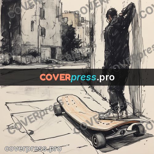 Sketch illustration: skateboarder next to a board