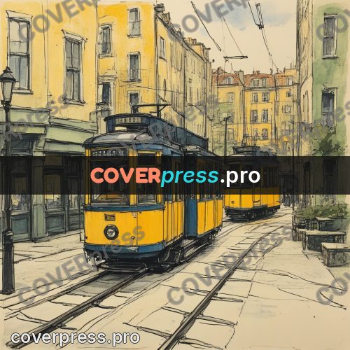 Sketch illustration: tram on a narrow street