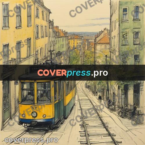 Sketch illustration: tram on a narrow street