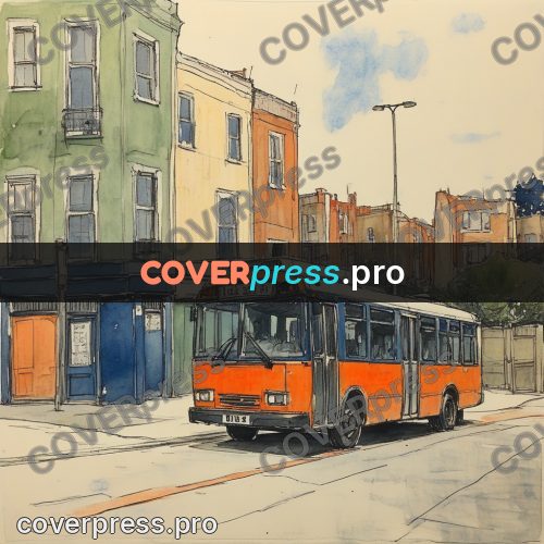 Sketch illustration: orange bus by a house