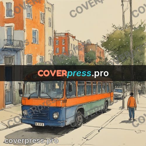 Sketch illustration: orange bus by a house