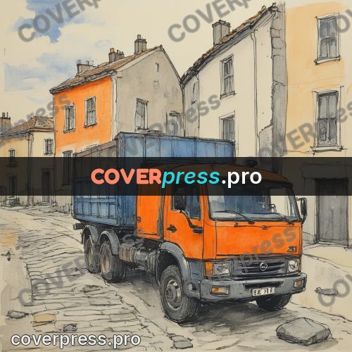 Sketch illustration: orange truck on a paved street