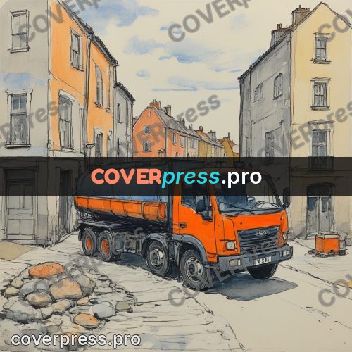 Sketch illustration: orange truck on a paved street