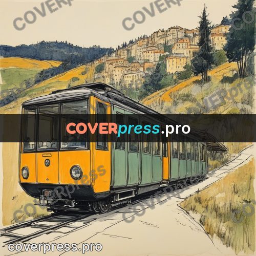 Sketch illustration: train below a hillside town