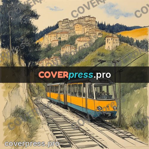 Sketch illustration: train below a hillside town