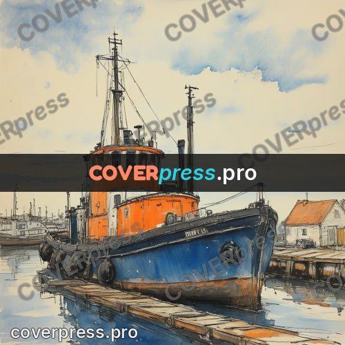 Sketch illustration: tugboat at a wooden pier
