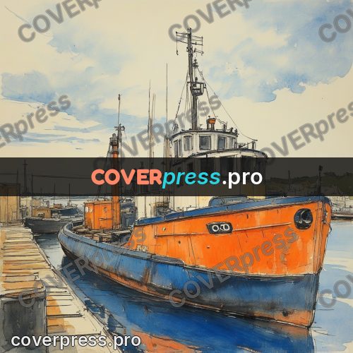 Sketch illustration: tugboat at a wooden pier