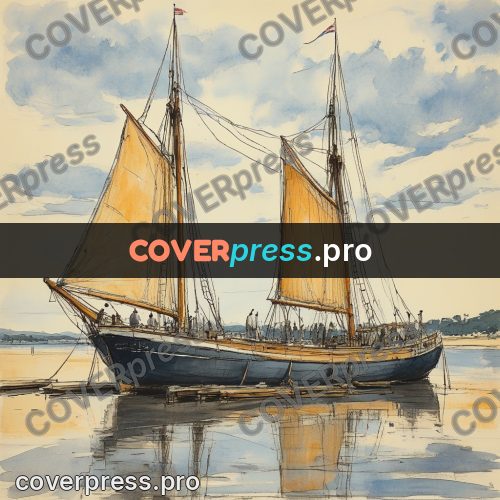 Sketch illustration: sailing ship in shallow water