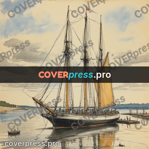 Sketch illustration: sailing ship in shallow water
