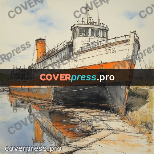 Sketch illustration: old ship by the bank