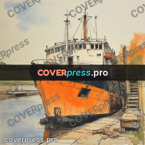 Sketch illustration: old ship by the bank