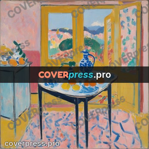 Matisse style drawing: yellow table in a pink room