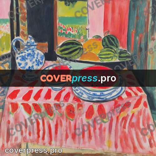 Matisse style drawing: watermelon on a pink table
