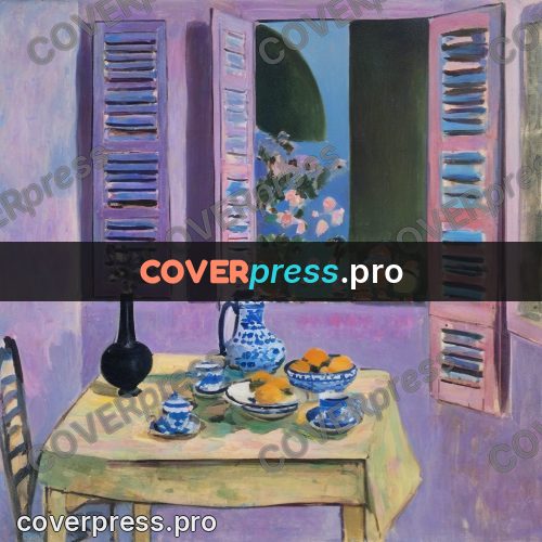 Matisse style drawing: lilac room with a table