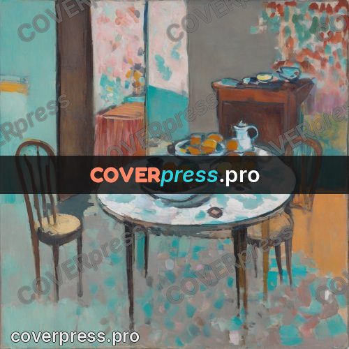 Matisse style drawing: round table in a turquoise room