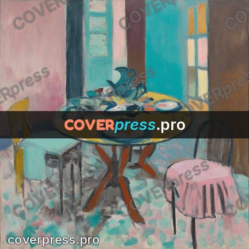 Matisse style drawing: round table in a turquoise room