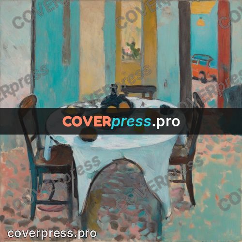 Matisse style drawing: round table in a turquoise room