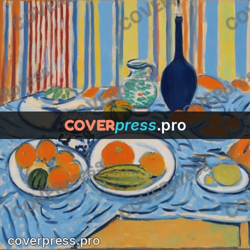 Matisse style drawing: fruit on a striped cloth