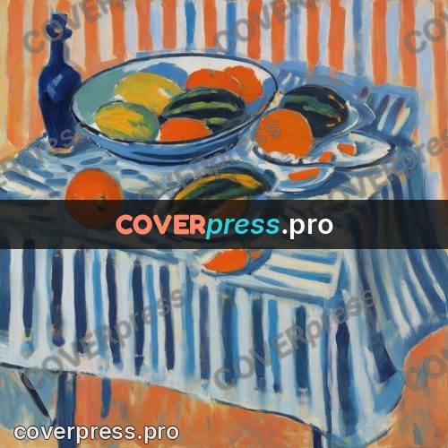 Matisse style drawing: fruit on a striped cloth