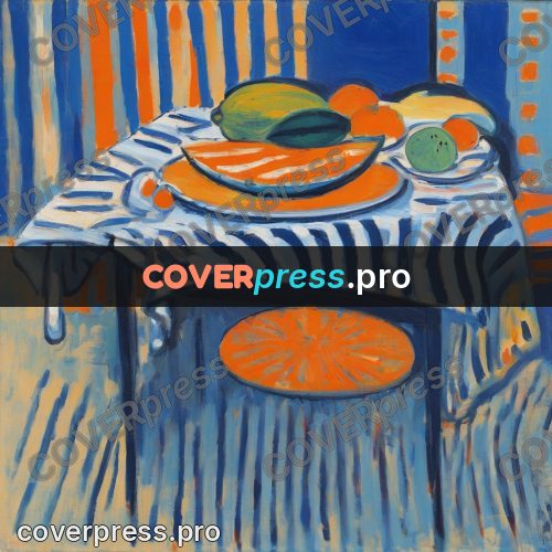 Matisse style drawing: fruit on a striped cloth