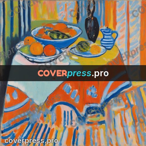 Matisse style drawing: fruit on a striped cloth