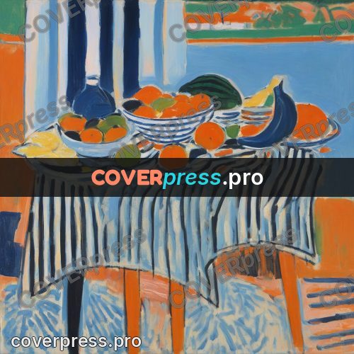 Matisse style drawing: fruit on a striped cloth