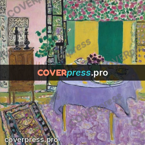 Matisse style drawing: yellow table in a lilac room