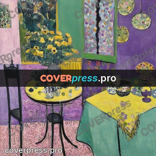 Matisse style drawing: yellow table in a lilac room