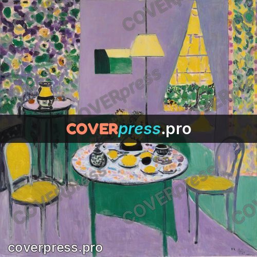 Matisse style drawing: yellow table in a lilac room