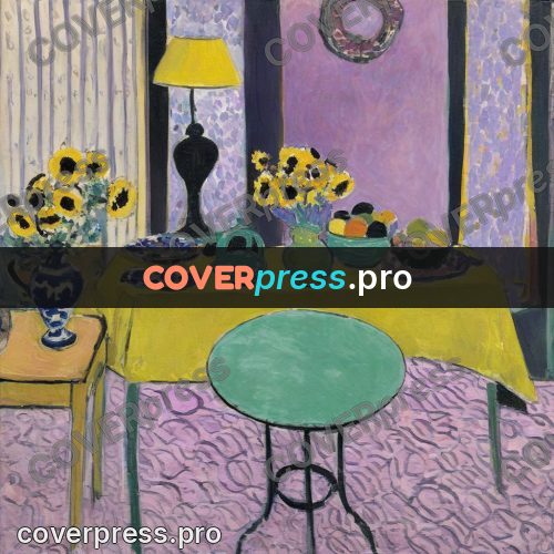 Matisse style drawing: yellow table in a lilac room