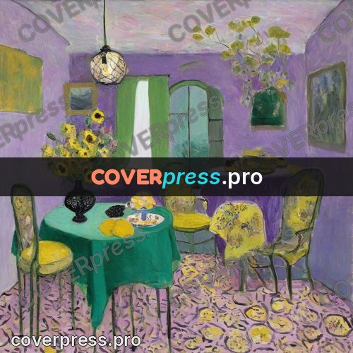 Matisse style drawing: yellow table in a lilac room