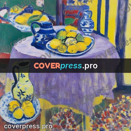 Matisse style drawing: blue jug and lemons