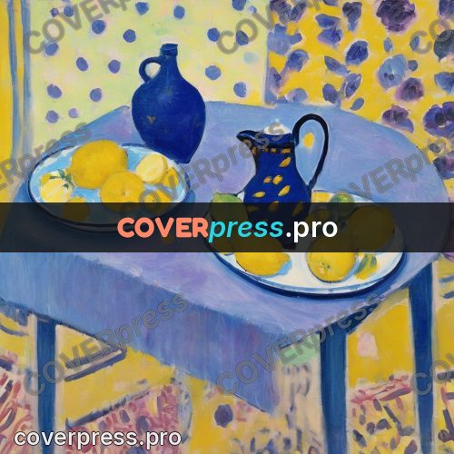 Matisse style drawing: blue jug and lemons